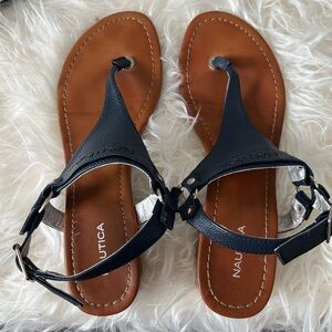 Nautica Women's Navy and Brown Leather T-Strap Sandals Size 10